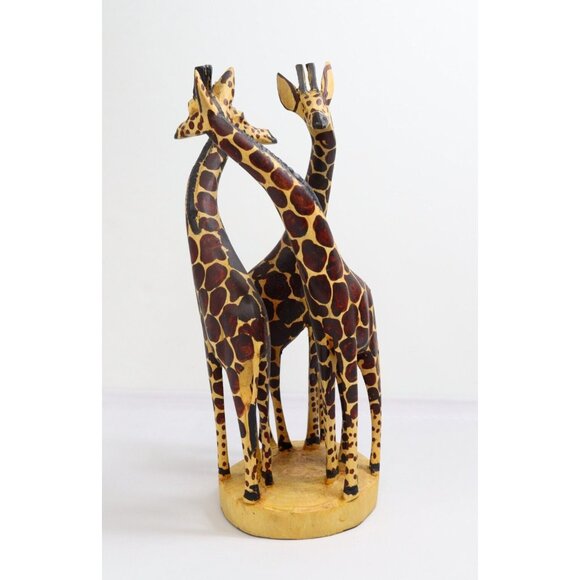 Hand Carved Painted Wooden 3 Giraffe Figurine Statute Dancing Mating Circle 12" - Picture 3 of 8